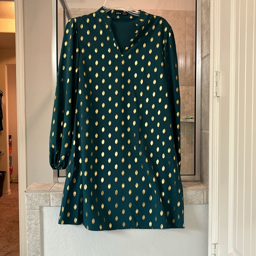 Emerald green and gold polka dot mini dress